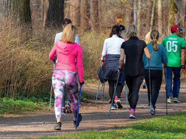 Groupe de marche nordique en sous-bois, bâtons en main
